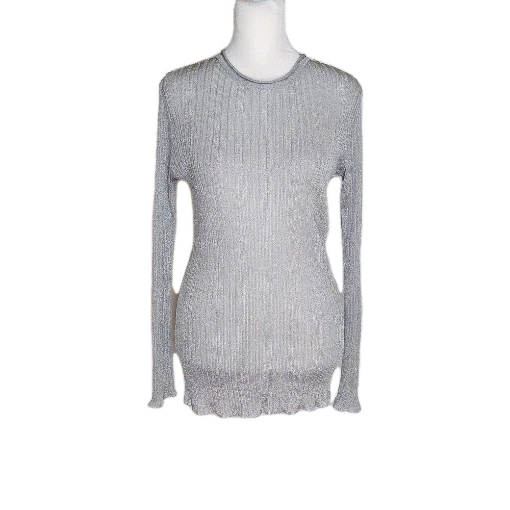 Gerry Weber Silver Metallic Mesh Knit Ribbed Top Semi Sheer 34/US 4 Cyber Y2K